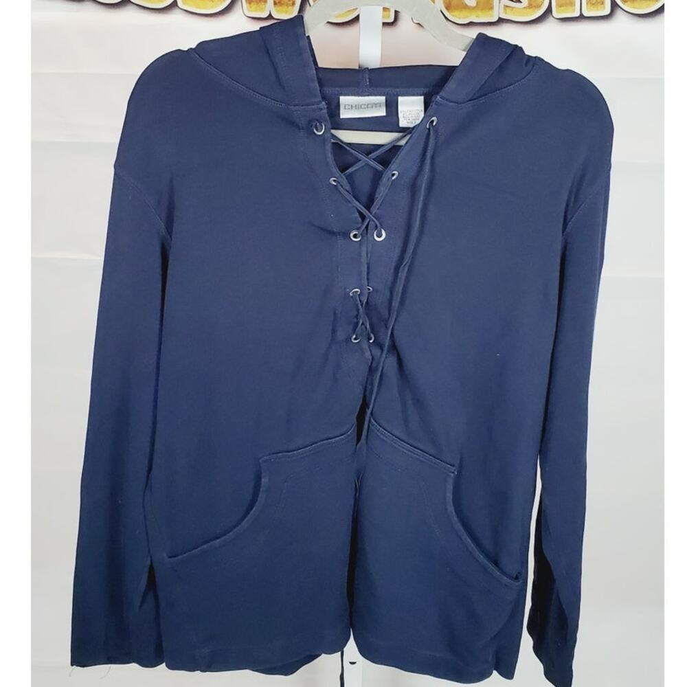 Chico’s Navy Blue Lace-Up Hoodie Top Long Sleeve Pima Cotton Size 2 (M/L)